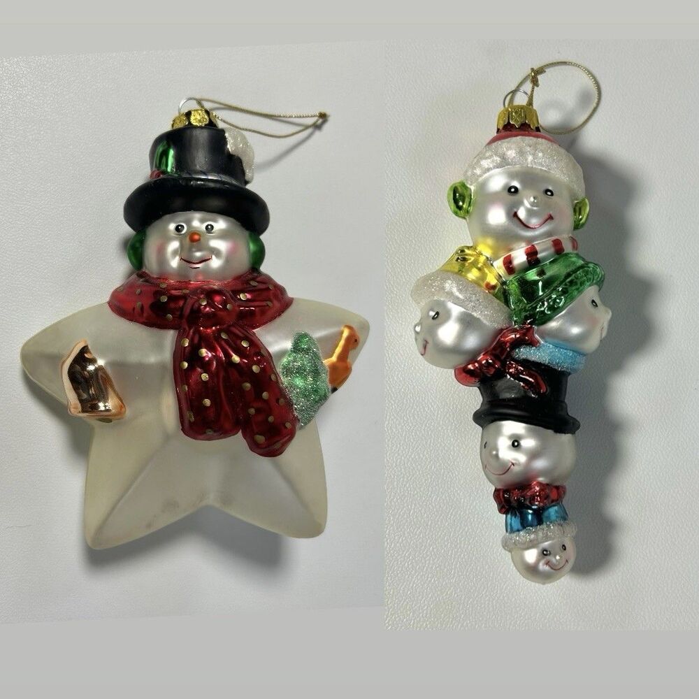 Vintage Set of 2 Glass Blown Snowman Christmas Ornaments Star Glitter Smiling